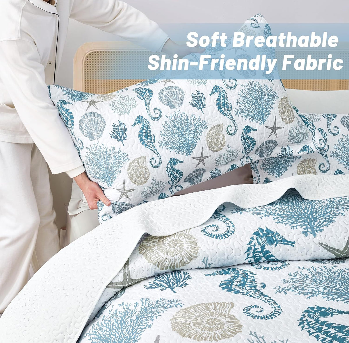 Coastal Bedding Twin Size Coastal Quilt with Shams, Nautical Beach Comforter Sets Ocean Bedspreads Blue Seahorse Coverlet Summer Bedding, 68''x86''
