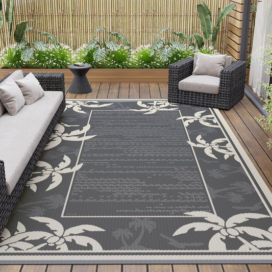COCOER Outdoor-Rug 8x10 ft Waterproof Reversible Outdoor Plastic Straw Rug RV Indoor Outdoor Carpet Quick Dry Patio Rug Camping Mat for Balcony Backyard Picnic Beach-Grey&Beige