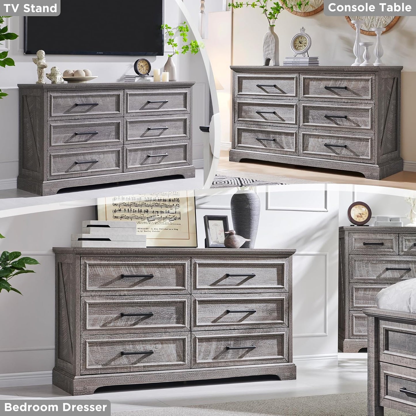 Farmhouse 6 Drawer Dresser for Bedroom, 52 Inch Wide Modern Dresser TV Stand with Large Drawers & Bar Handles, Rustic Wood Chest of Drawers for Bedroom, Living Room, Hallway, Grey