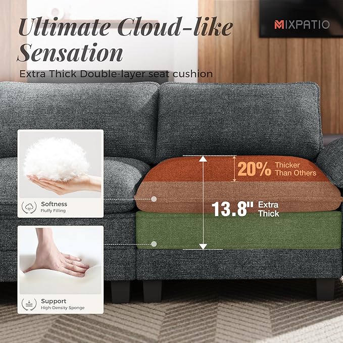L-Shaped Cloud Modular Sofa Set with Chaise, Deep Seat 3-Piece Sectional & Removable Arms, Plush Chenille for Living Room - Cyan