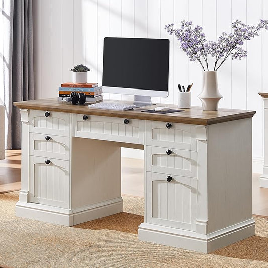 OKD 60" Executive Desk with Drawers, Farmhouse Home Office Desk with Charging Station, Keyboard Tray, File Cabinet Storage, Wood Computer Desk for Work and Study, Antique White