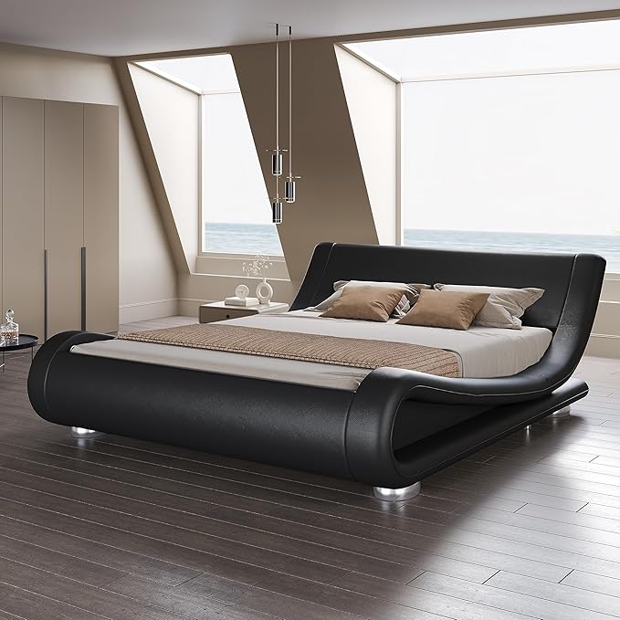 SHA CERLIN Queen Size Upholstered Bed Frame, Deluxe Low Profile Sleigh Bed with Faux Leather Ergonomics Headboard, No Box Spring Needed & Easy Assembly, Black