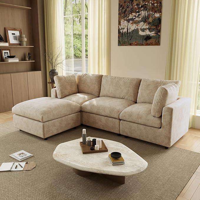 WJShome Modular Sectional Cloud Couch Modern L Shaped Sofa with Ottoman, 100 Inch 3-Seat Chenille Deep Seat Couches for Living Room, Bedroom and Apartment，Khaki