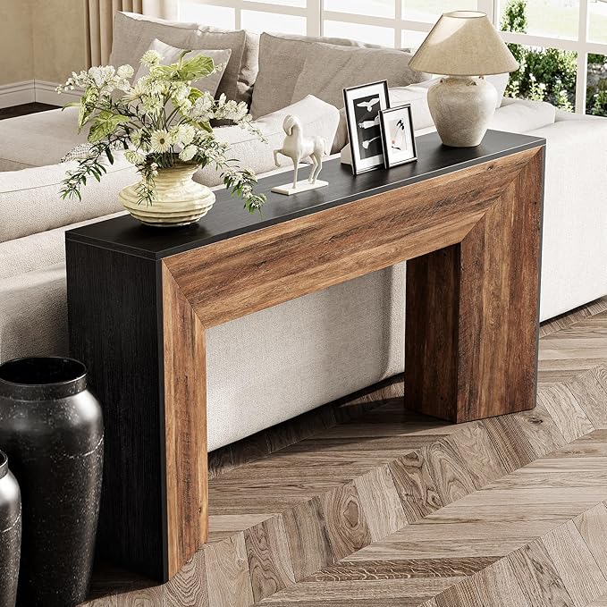 LITTLE TREE Console Table, 63 Inches Extra Long Sofa Table for Living Room, Modern Hallway Entryway Foyer Table for Entrance, Easy Assembly, Black & Rustic Brown