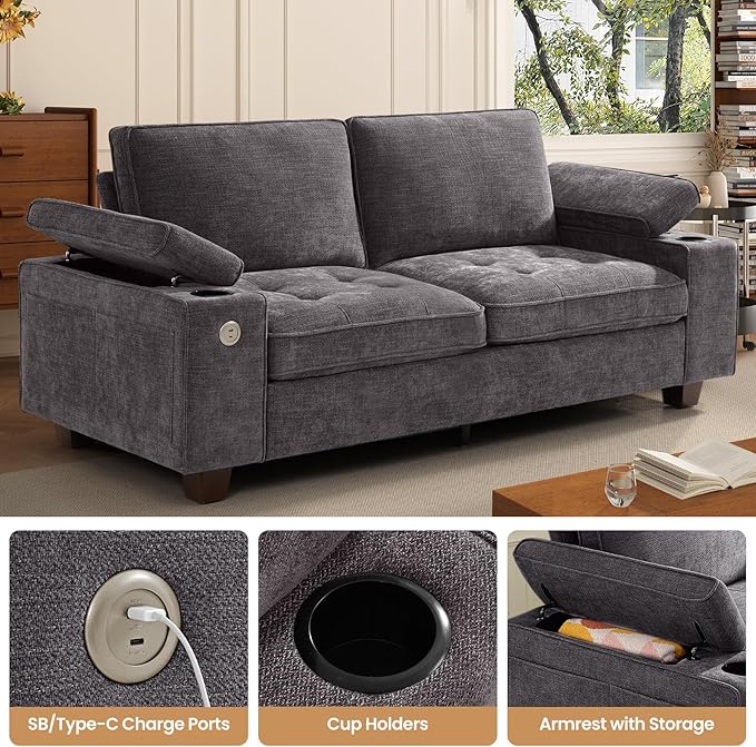 84" Loveseat Couch for Living Room,Modern Chenille Upholstered Sofa with Adjustable Storage Armrest,Cup Holders,USB & Type-C Ports,Solid Wood 2-Seater Loveseat Sofa for Apartment(Deep Gray)