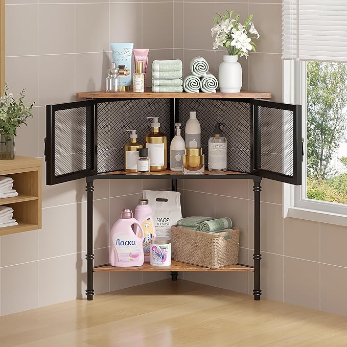 VECELO 3 Tier Corner Cabinet,Corner Table Shelf with Storage Cabinet,Industrial Metal Frame and Wood Shelves Organizer for Small Spaces in Living Room/Bedroom/Kitchen