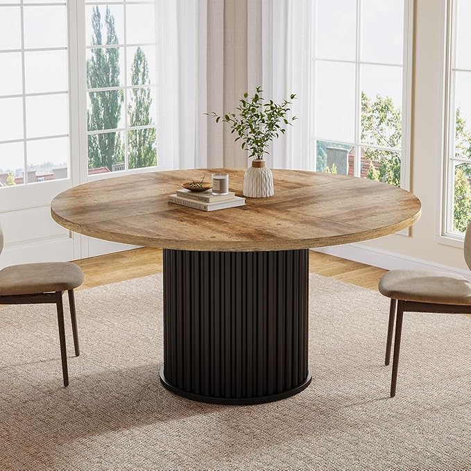 Tribesigns Round Dining Table for 4-6, 47-Inch Modern Circle Kitchen Table with Fluted Round Base, Farmhouse Wood Dinner Table for Dining Room, Kitchen, Living Room, Brown and Black
