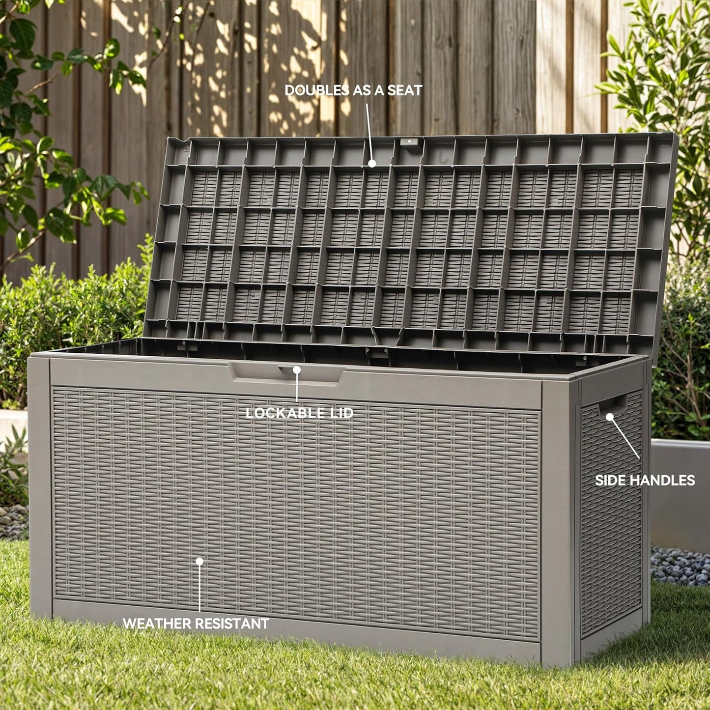 YITAHOME 60 Gallon Resin Deck Box, Weather Resistant Outdoor Rattan Storage Box, Lockable Indoor Outdoor Storage for Supplies and Essentials, Taupe