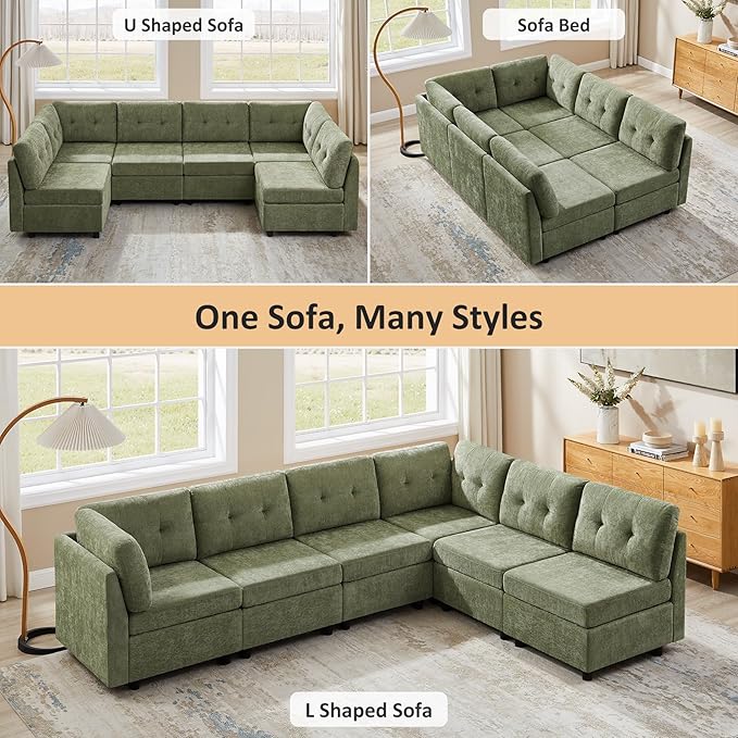 VANOMi 6 Seat Cloud Couches for Living Room, 118" Convertible Modular Cloud Sofas & Couches, Comfy Chenille Sectional Couch Sofa for Apartment, Office, Olive Green, L/U Shaped