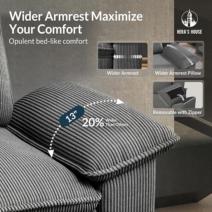 HERA'S HOUSE 158" Modular Sectional Sofa, Oversized U Shaped Couches for Living Room, Comfy Cloud Couch with Ottoman, 6-Seater Deep Seat Sofa with Throw Pillow, Corduroy Grey