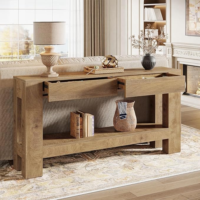 Tribesigns 63" Console Table with 2 Drawers, Farmhouse Entryway Table with Storage Shelf and Sturdy Legs, Wooden Sofa Table for Living Room, Hallway, Entrance (Brown)