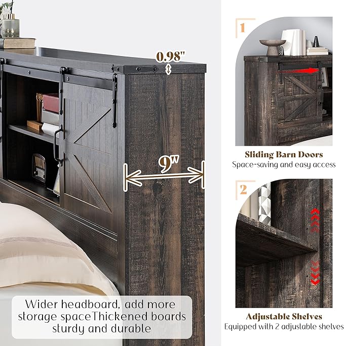 AMERLIFE Farmhouse Queen Bed Frame, Rustic Wood Platform Beds w/Barn Door Storage Bookcase Headboard & Charging Station, Bedroom Furniture, No Box Spring Needed, Dark Oak