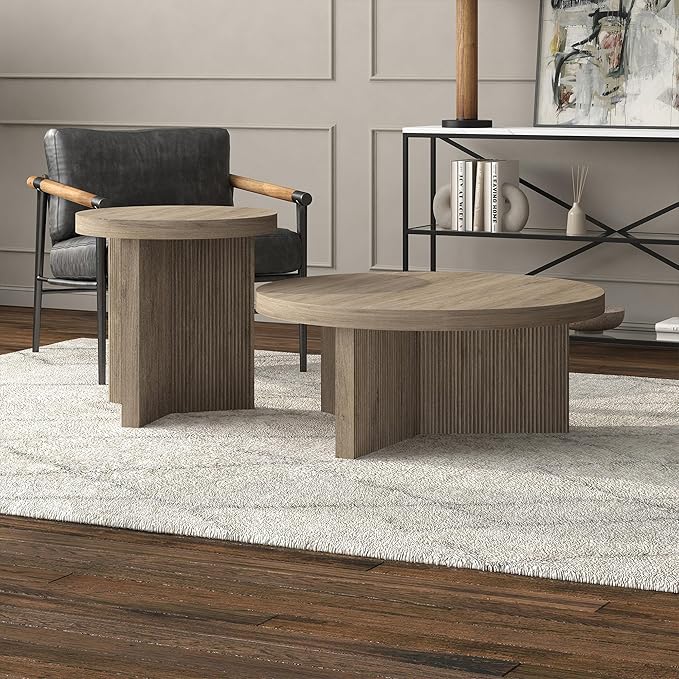Henn&Hart 22" Fluted Scandinavian Round End Table, Ribbed Side Table, Nightstand for Living Room, Office, Family Room, or Bedroom, Antiqued Gray Oak