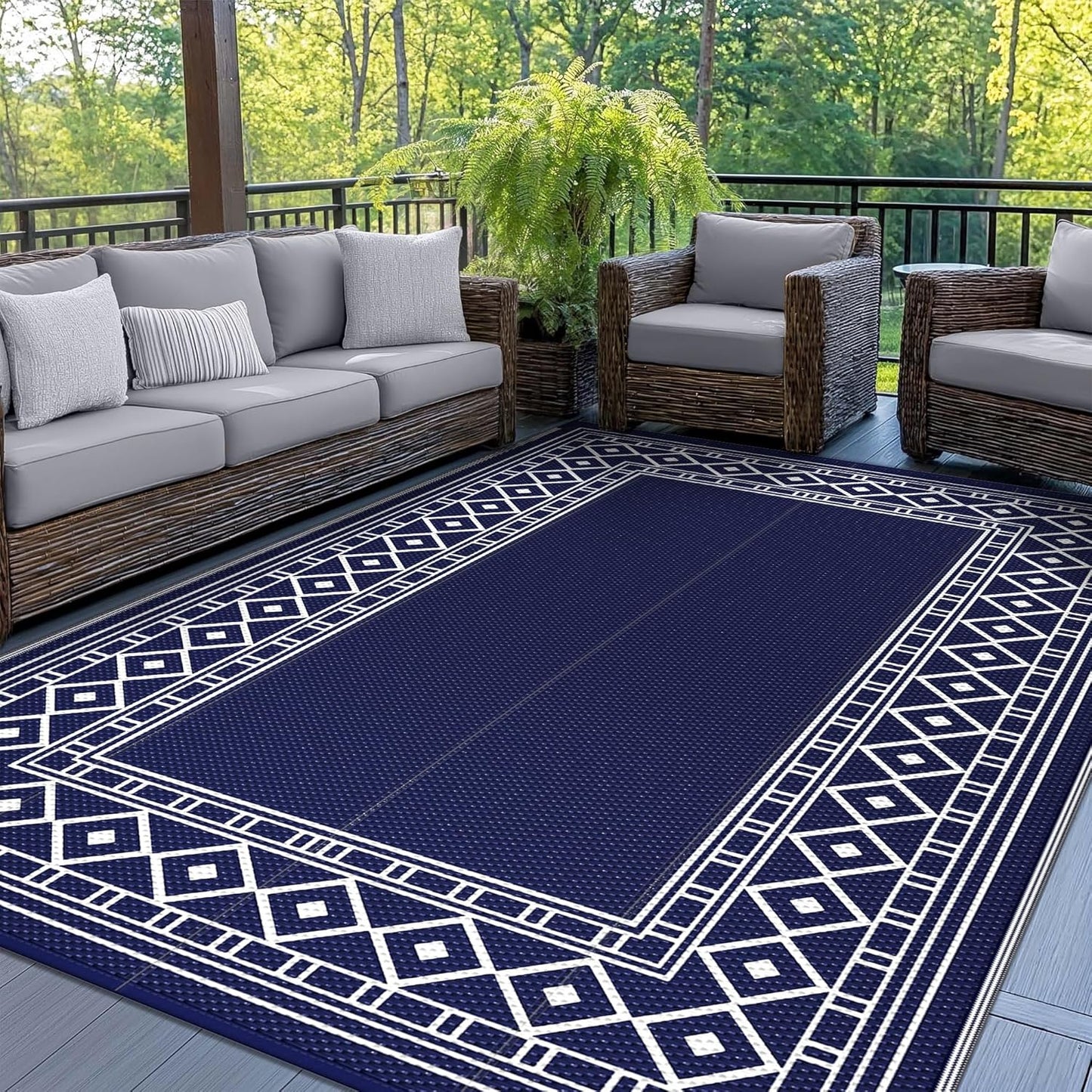 GENIMO Outdoor Rug Waterproof for Patio Decor, 8'x10' Foldable Reversible Plastic Straw Carpet for Travel Trailers, Outside Area Mat for Rv, Deck, Picnic, Porch, Camper, Balcony, Beach, Blue & White