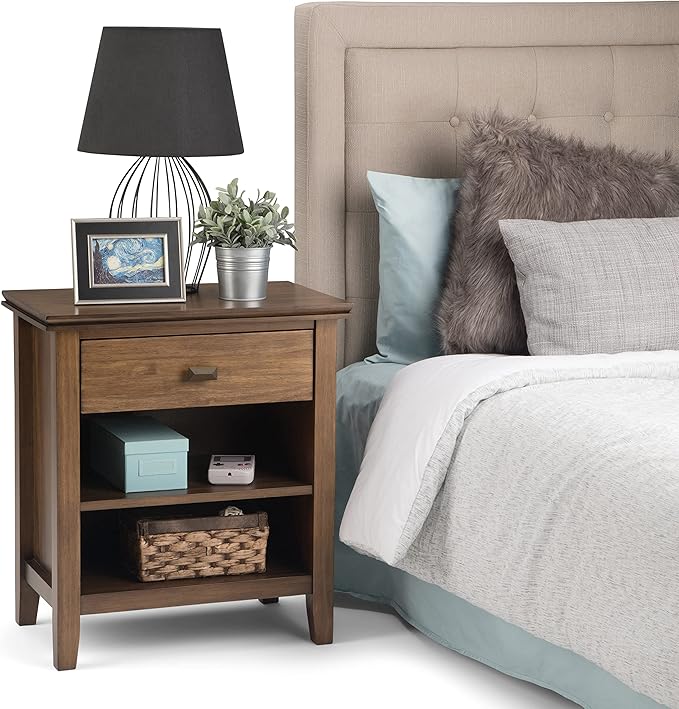 SIMPLIHOME Artisan Bedside Table - 24 inch Wide Solid Wood Nightstand Table in Rustic Natural Aged Brown, Contemporary Bedroom Side or End Table with 1 Drawer, Open Shelf Storage and Bronze Knobs
