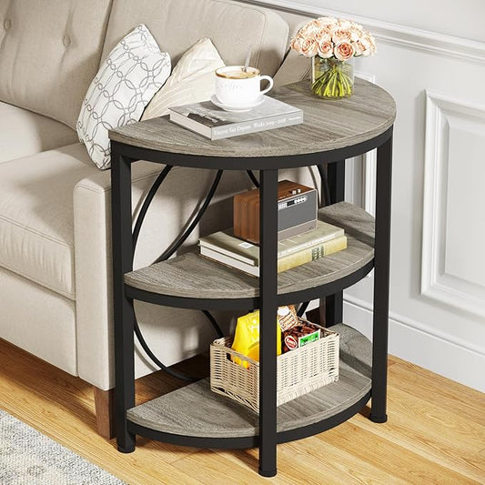 Tribesigns Half Round End Table for Living Room, 3-Tier Half Side Table with Metal Frame, Industrial Half Moon Table with Storage Shelves, Half Circle Accent Table for Entryway, Bedroom, Grey