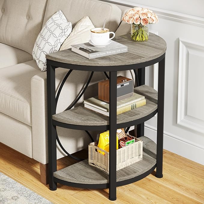 Tribesigns Half Round End Table for Living Room Set of 2, 3-Tier Half Side Table with Metal Frame, Industrial Half Moon Table with Storage Shelves for Entryway, Bedroom, Grey