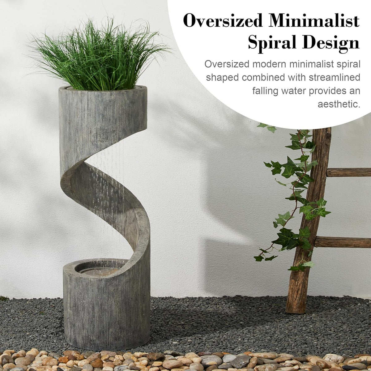 Glitzhome Tiered Outdoor Water Fountain with LED Light, Modern Spiral Outdoor Fountain with Stone Planter, Freestanding Curved Waterfall Fountains for Garden Patio Deck Porch, 40”H