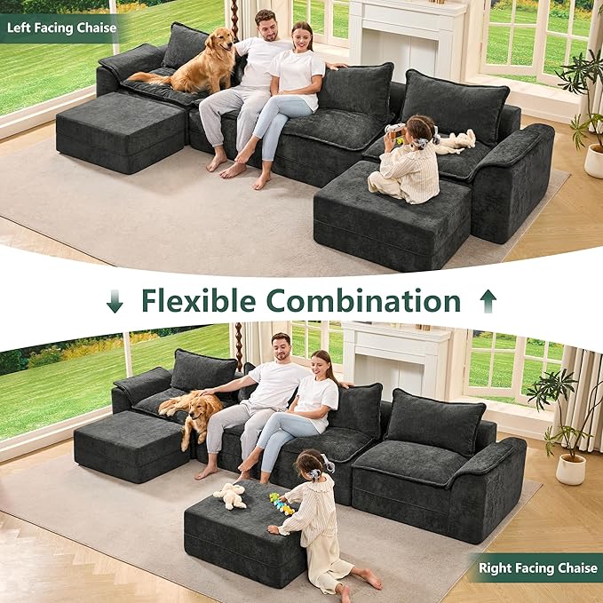 Hobestluk 152" Cloud Modular Sectional Couch 4-Seater Sofa with Ottomans U Shaped Couch Deep Seat Sofa with Removable Cover for Living Room (Dark Grey, 4-Seater Sofa with Two Ottomans)