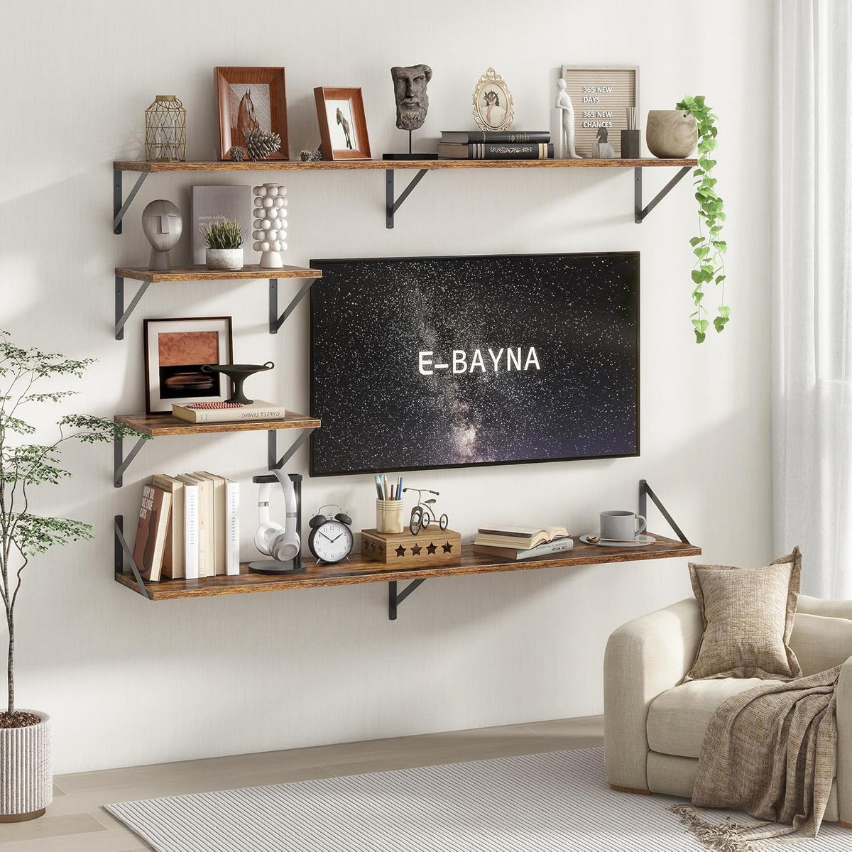 Floating Shelves 55 Inch Long, 10" Deep Floating Shelves, Wall Shelves 55 x 10, Set of 2, Wide Large Display Storage Shelves for Bathroom, Living Room, Rustic Wood Shelves with Brackets, Rustic Brown