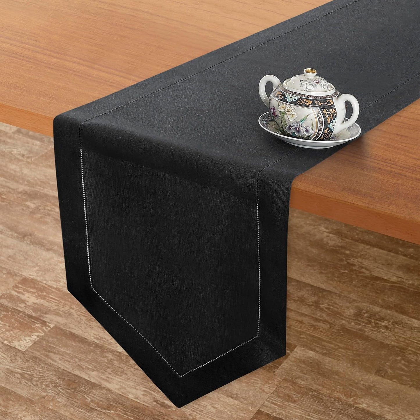 D'Moksha Homes Black Linen Table Runner 90 Inches Long - 100% Pure Linen Diamond Table Runner 14 x 90 Inch for Dining, Fall and Halloween - Machine Washable