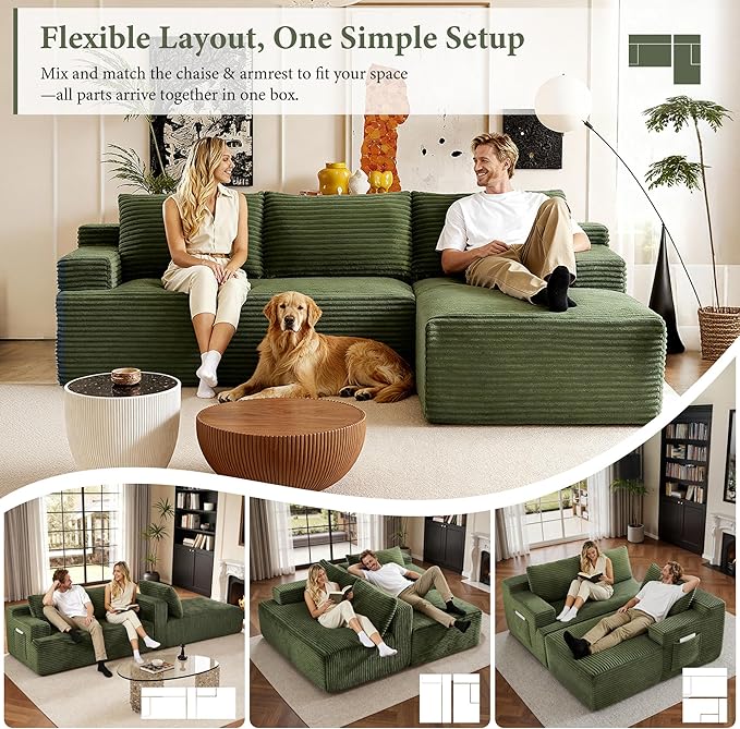 96''Sectional Couches for Living Room,Modern Modular Sectional Sofa,Upholstered Boneless Couch with Pockets,Comfy Cloud Couch with L Shaped Chaise(Green, 96''W Right Facing Chaise)