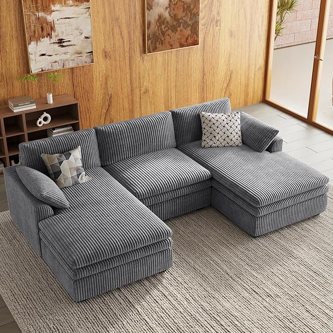 Belffin Large Modular Sectional Sofa with Double Deep Chaise, 104" Corduroy U Shaped Couch with 9" Soft Dual-Layer Seats Cushion Sectional Couches for Living Room, Apartment, Light Grey