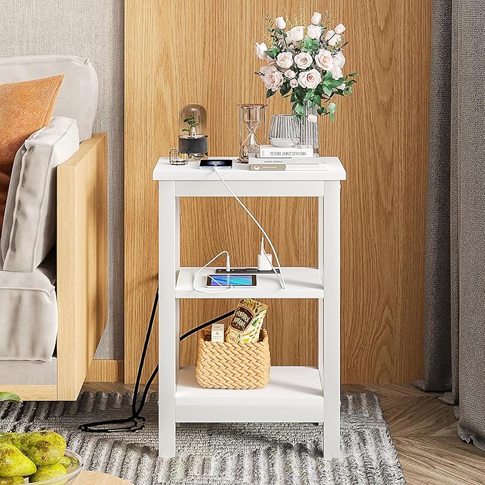 VECELO Modern Nightstands with Charging Station,Side End Table Night Stand with Storage Shelf for Small Spaces, Bedroom,Living Room