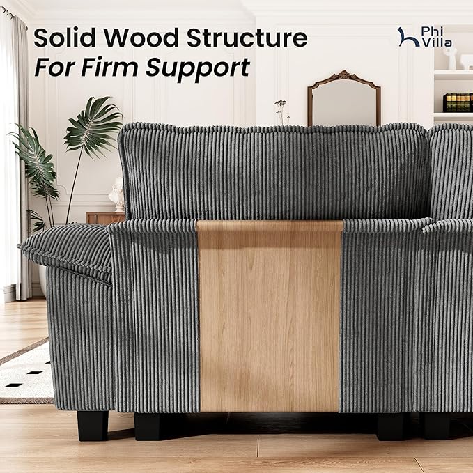 PHI VILLA Cloud Modular Couch Sets, 123.6" Sectional Sofa with L-Shaped Chaise, 4-Seater Upholstered Couches with Movable Ottoman for Living Room, Corduroy Fabric, Grey