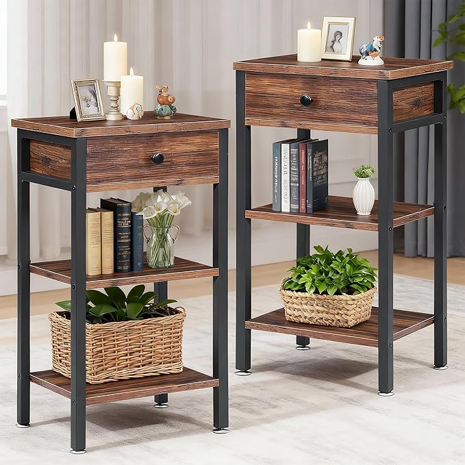 VECELO 27.5" Tall End Tables, Nightstands with Adjustable Shelf and Bin Drawer for Living Room/Bedroom,Set of 2