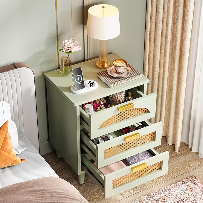 Tribesigns Mint Green Nightstand, 3-Drawer Rattan Night Stand Side Table, Accent Bedside Tables End Table for Bedroom and Small Spaces, Easy Assembly (1, Green)