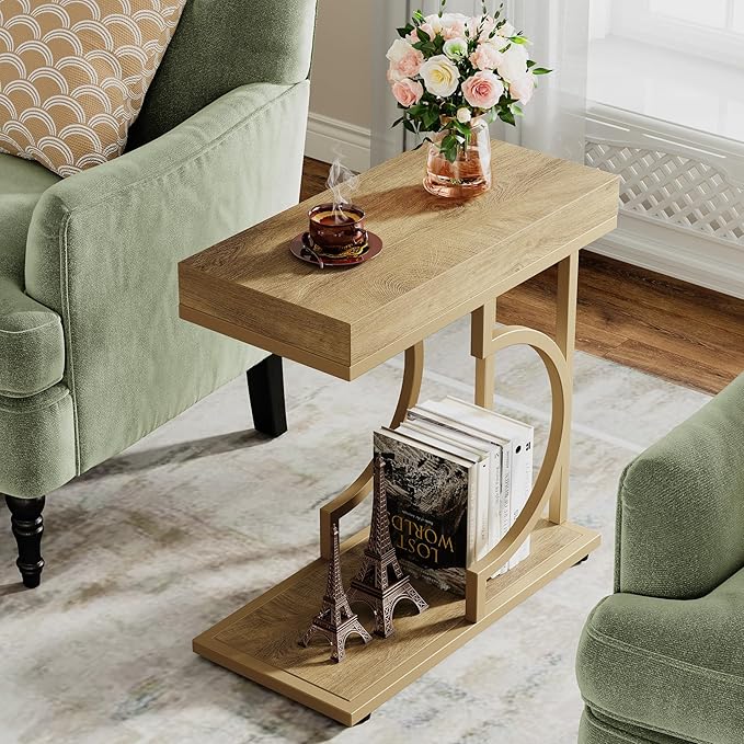 Tribesigns Narrow Side Table C Shaped End Table Modern Bedside Tables for Couch, Small Sofa Chairside Tables with Metal Frame for Living Room (1, Natural+Wood Tones)