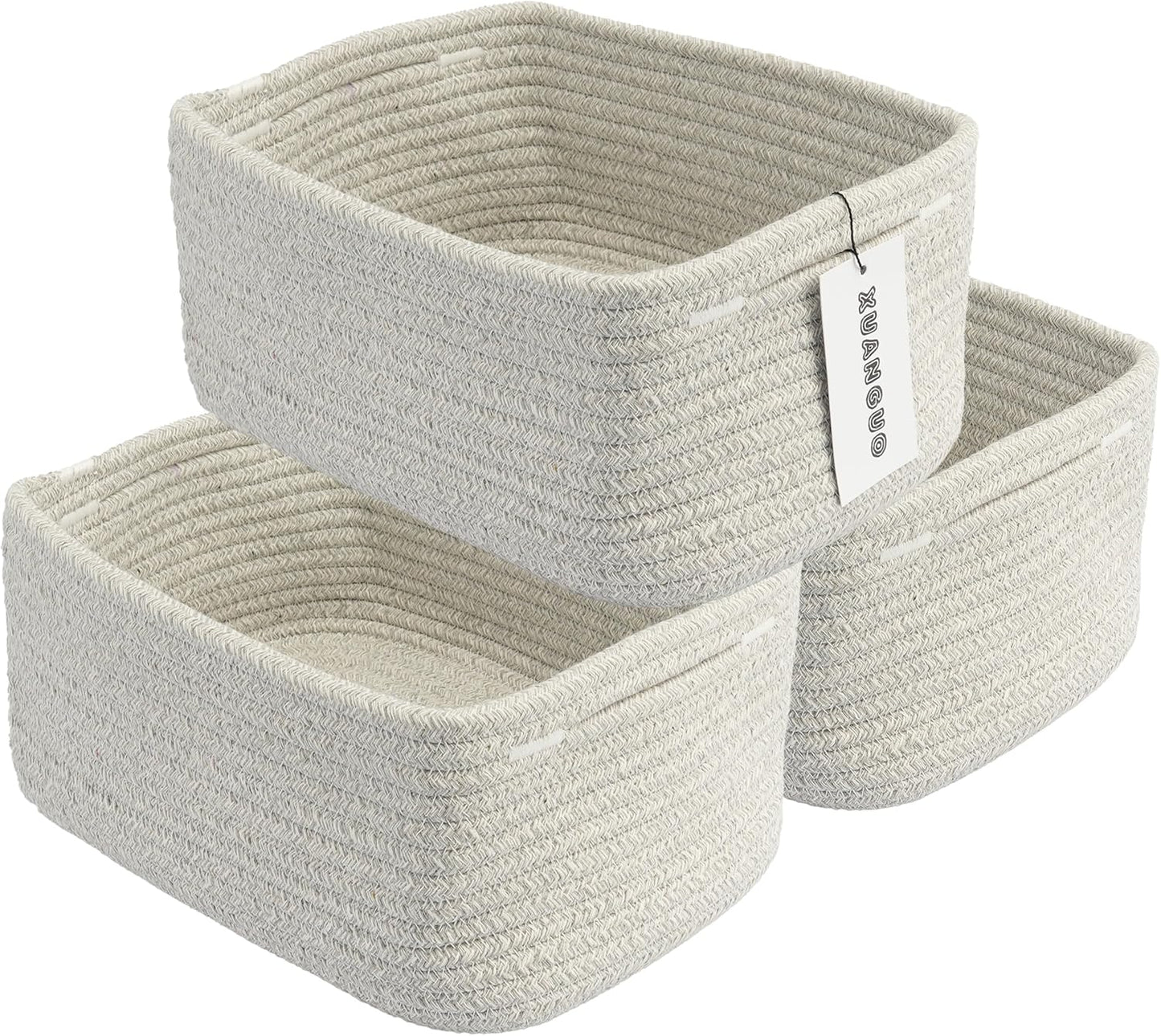 Small Woven Storage Baskets 12“X8”X5“ Decorative Rope Bins for Organizing Shelves, Closets, and Toys, Empty Gift Baskets, Cute Organizer Basket for Home and Office (grey, regular)