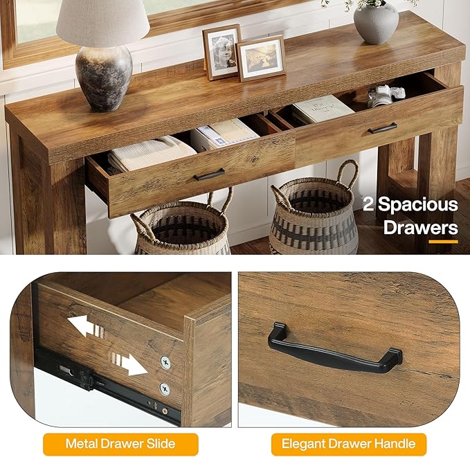 Tribesigns 63" Console Table with 2 Drawers, Farmhouse Entryway Table with H-Shaped Sturdy Legs for Hallway, Living Room, Brown