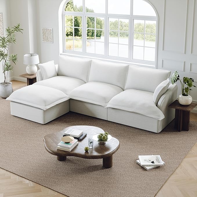 114” Oversized Modular Sectional Sofa, Comfy Down Fill Cloud Couch with Washable Cover, L Shaped 3 Seater Modular Couch with Ottoman, Convertible Sectional Couches for Living Room, Cream White