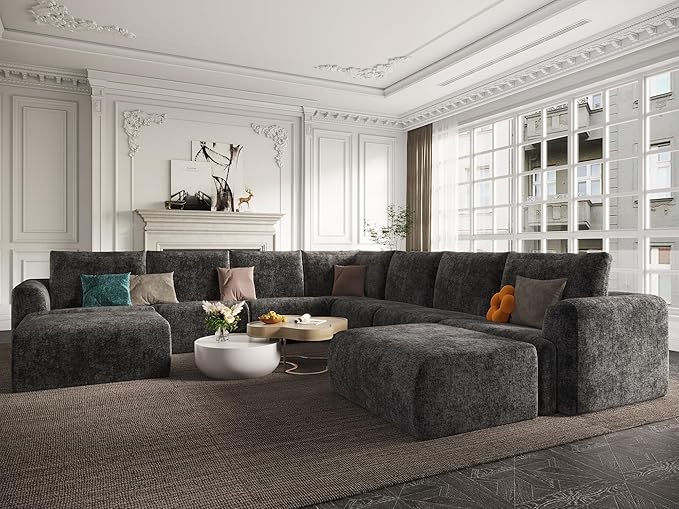 EASE MOOSE Oversized Sectional Cloud Couch, 9-Seat Modular Boneless Sofa Set with Deep Seat, No-Assembly Chenille Sofa for Living Room, Dark Grey