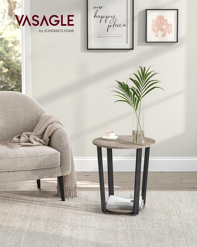 VASAGLE Round Side End Table, 2-Tier Accent Bedside Table with Storage Shelf, Easy Assembly, Nightstand for Small Spaces, Living Room, Bedroom, Heather Greige and Ink Black ULET057B02