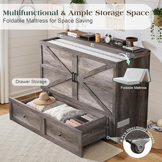 Full Murphy Bed with 6" White Tri-Fold Memory Foam Mattress, Storage Drawer & Charging Station, Space-Saving Design for Home Office or Guest Room, Rustic Grey