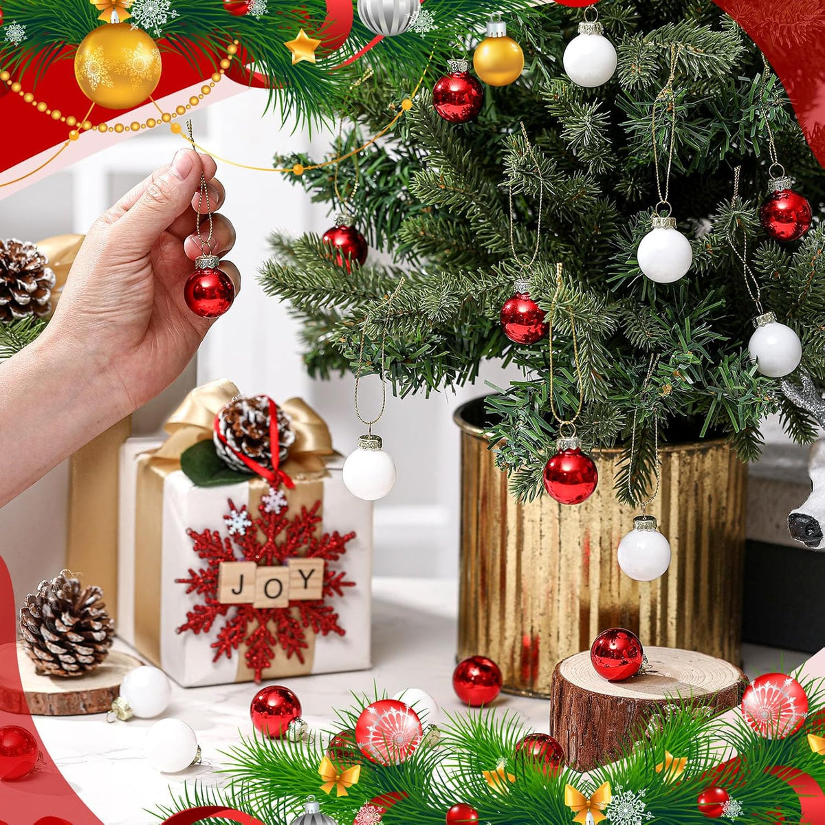 Tioncy 32 Pcs 1 Inch Mini Glass Christmas Ornaments Balls Shiny Christmas Balls Tiny Tree Hanging Decoration Small Colorful Ball Pendant for Xmas Party Supplies(Red, White)