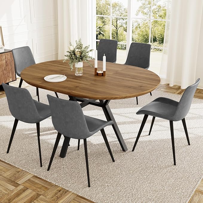 Extendable Round Dining Table Set for 6 People, 43.3"-59.1" Extendable Kitchen Table with 6 Upholstered Chairs, Space Saving for Kitchen Dining Room (Walnut Table+6 Grey Chairs)