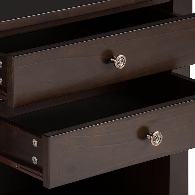 SIMPLIHOME Carlton Bedside Table - 24 inch Wide Solid Wood Nightstand Table in Dark Tobacco Brown, Transitional Bedroom Side or End Table with 2 Drawers, Open Storage Shelf and Bronze Hardware