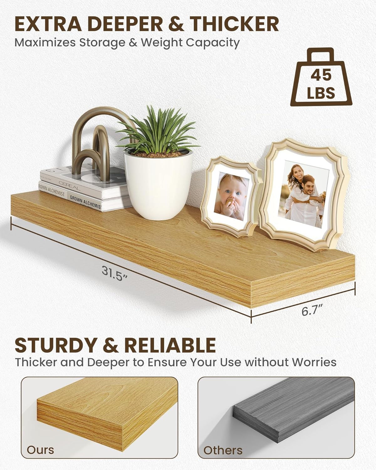 Marsmiles 31.5" Floating Shelves for Wall, Wooden Shelves with Invisible Brackets Set of 2, Rustic Farmhouse Wall Mounted Shelf for Kitchen Bathroom Living Room Study, Natural Oak