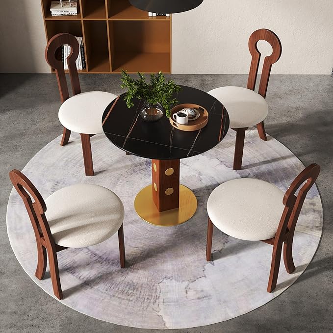 Sintered Stone Office Table and Chair Set - 33.5" Round Table for Small Offices (Red Leg and Black Top, 1 Table and 4 Chairs)