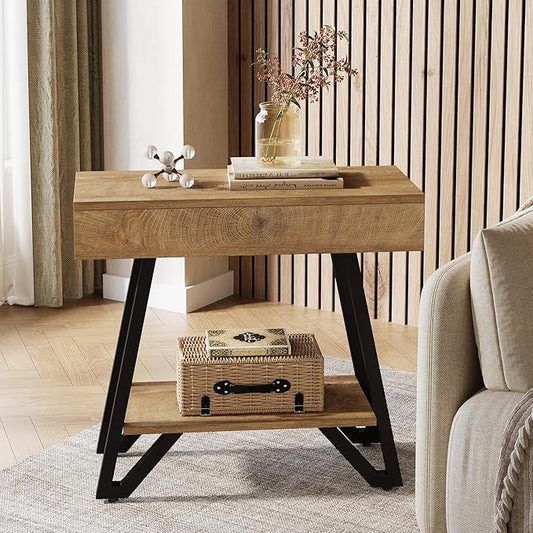 Tribesigns End Side Table for Living Room, Narrow Couch Arm Side Table with Storage Shelves, Small Bedside Nightstand for Bedroom, Small Spaces, Natural