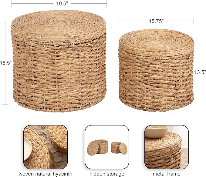 Kate and Laurel Halm Modern Woven Rattan Round Storage Side Tables, Set of 2, 20 x 17 and 16 x 14, Natural Rattan, Lift-Top End Tables for Use as Hidden Storage Baskets or Small Ottoman Tables