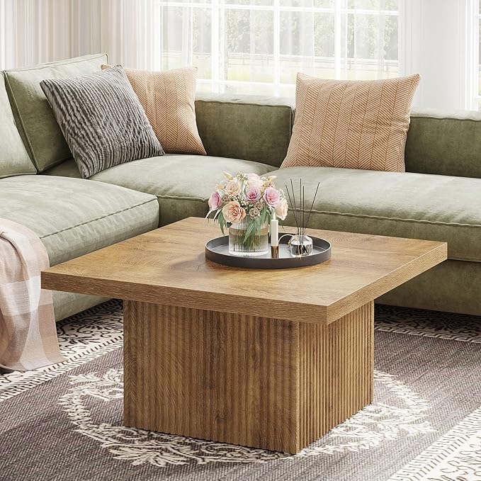 Tribesigns Square Coffee Table, 31.5-Inch Fluted Coffee Table, Mid-Century Modern Living Room Table, Large Cocktail Table for Living Room, Easy Assembly, Yellow