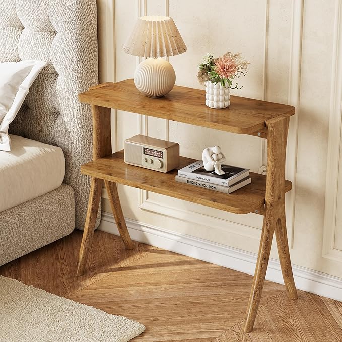 LITTLE TREE Narrow Side Table Set of 2, Small Side Table, 2-Tier Farmhouse End Table with Solid Wood Legs, Space-Saver for Living Room, Bedroom, Entryway (Light Walnut)