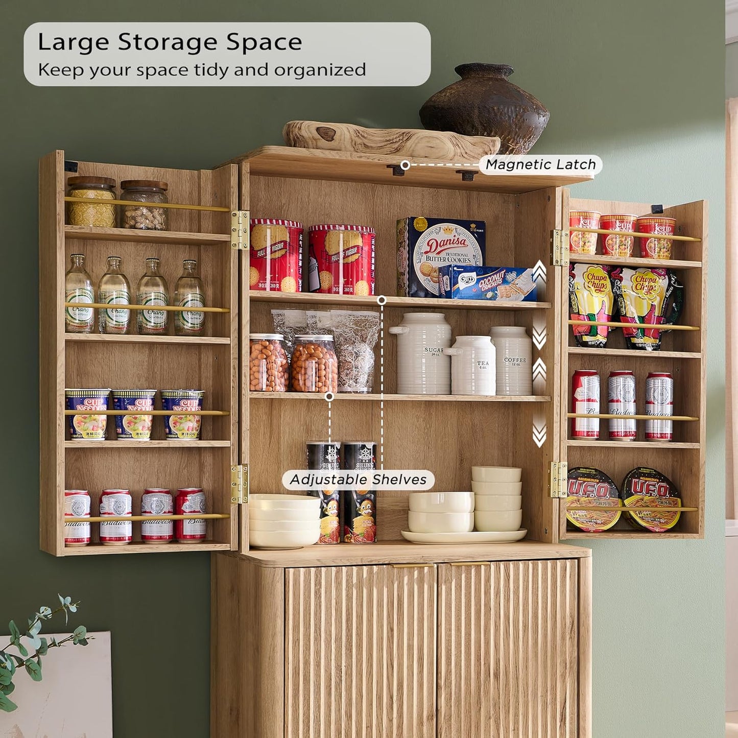 OKD Fluted Kitchen Pantry, 72" Tall Mid Century Modern Storage Cabinet with Adjustable Shelves & Door Organizer, Wood Cabinet for Kitchen, Living Room, Natural Oak