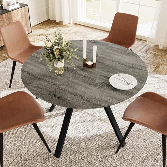 Extendable Round Dining Table Set for 4-6 People, 43.3"-59.1" Extendable Kitchen Table with 4 Upholstered Chairs, Space Saving for Kitchen Dining Room (Grey Table+4 Brown Chairs)