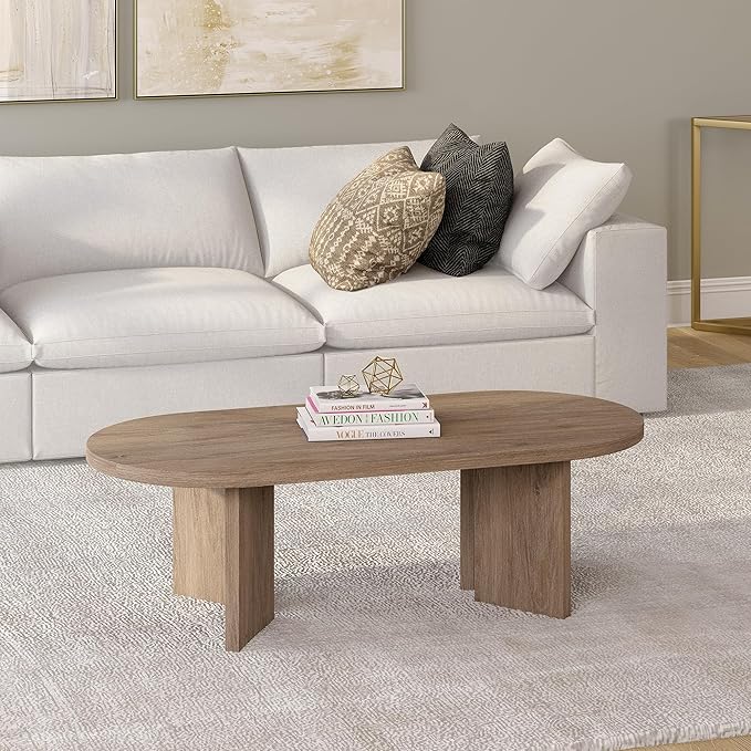 Henn&Hart 48" Oval Wood Low-Profile Coffee Table for Living Room, Family Room or Office, Antiqued Gray Oak